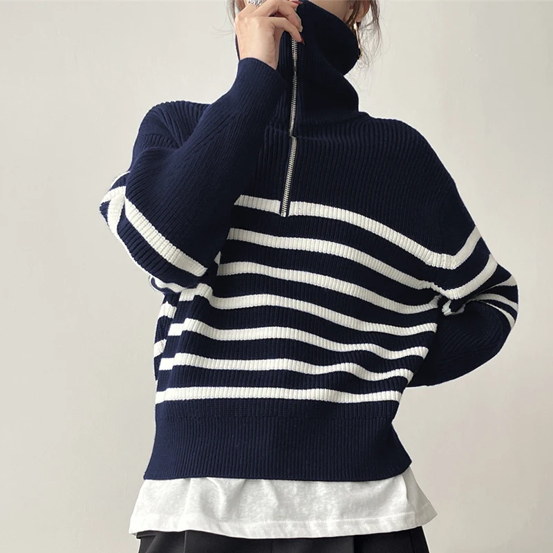 ABRINI Women Striped Half Zipper Turn-down Collar Sweater Casual Long Sleeve Warm Knit Pullover Fall Winter Lazy Thicken Jumpers