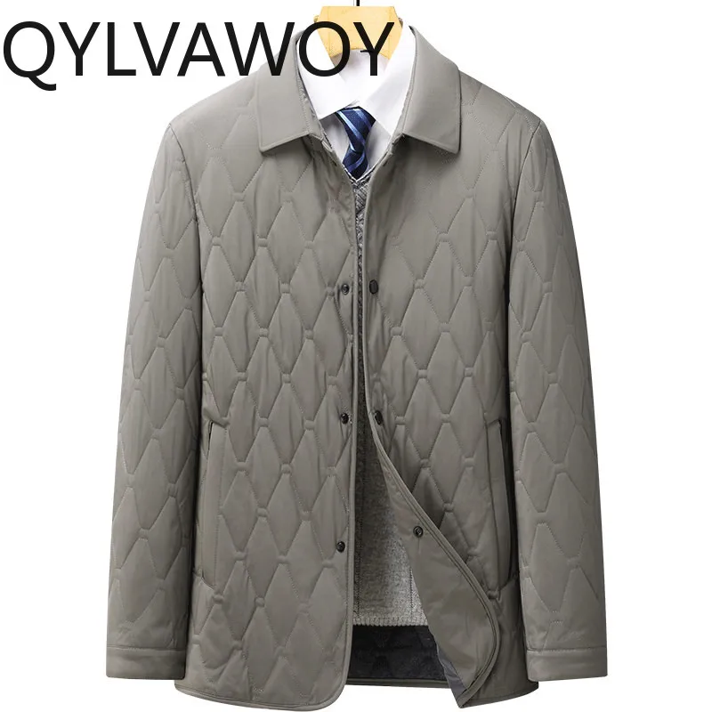 QYLVAWOY 100% بوليستر ملابس خارجية شتوية للرجال سترة بياقة للأعمال في منتصف العمر معطف قطني دافئ خفيف الوزن غير رسمي LJ2147