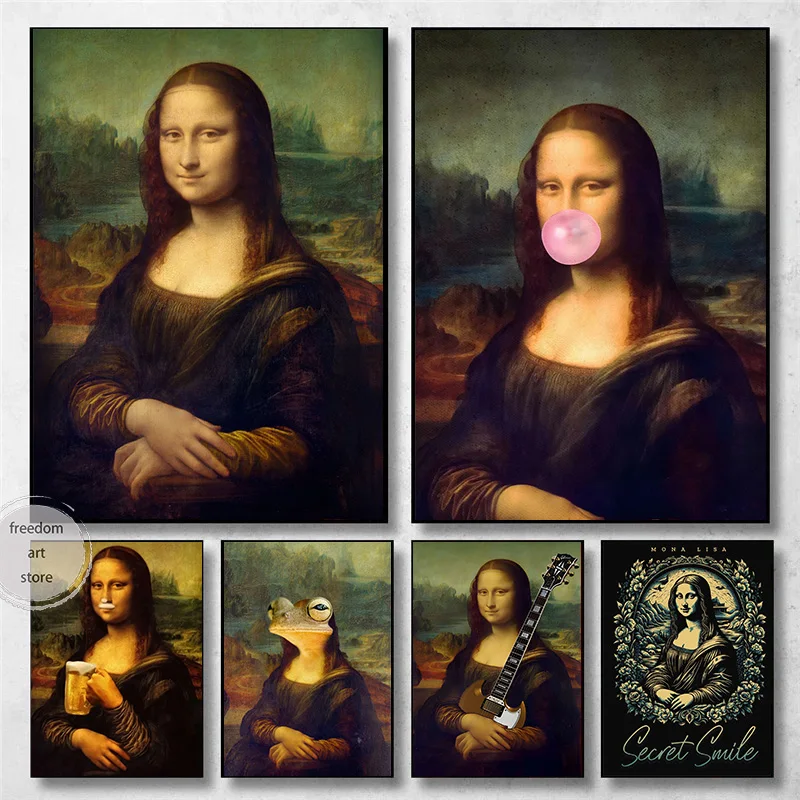 Famous Vintage Mona Lisa with Bubble Gum Secret Smile Art Poster Canvas Painting Wall Prints Picture for Living Room Home Decor