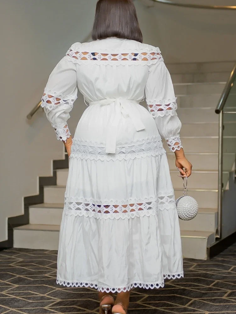 Vestido com comprimento de tornozelo estilo africano para mulheres, manga comprida, gola redonda, estilo de rua alto, cor pura, novo, 2024