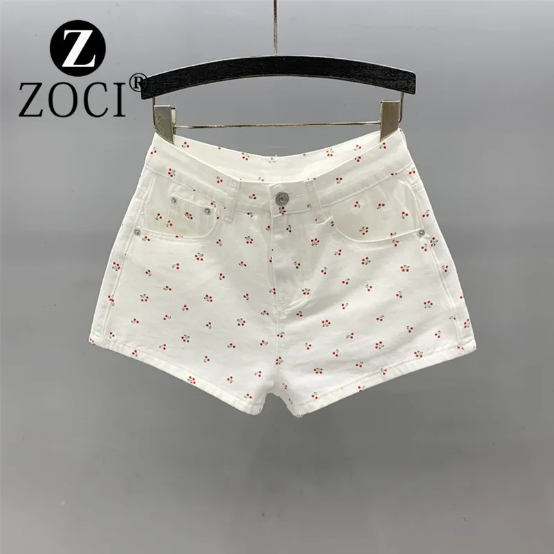 

[zoci] White Floral Print Denim Shorts Women Summer, High Waisted Hot Pants Casual Slimming, Wide Leg Pants, Straight Leg