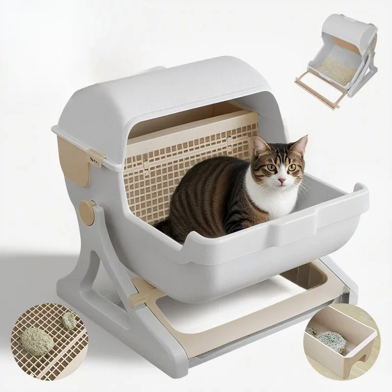 

Semi-Auto Cat Litter Box Extra Large Splash-Proof Enclosed Toilet Odor-Lock Hygienic Potty Supply for Indoor Feline Home Care