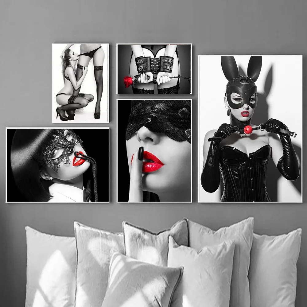 Black White Sexy Woman In Thong And Handcuffs Lesbian Poster Print Red Lip Smoking Girl Painting Wall Art Canvas Home Room Decor