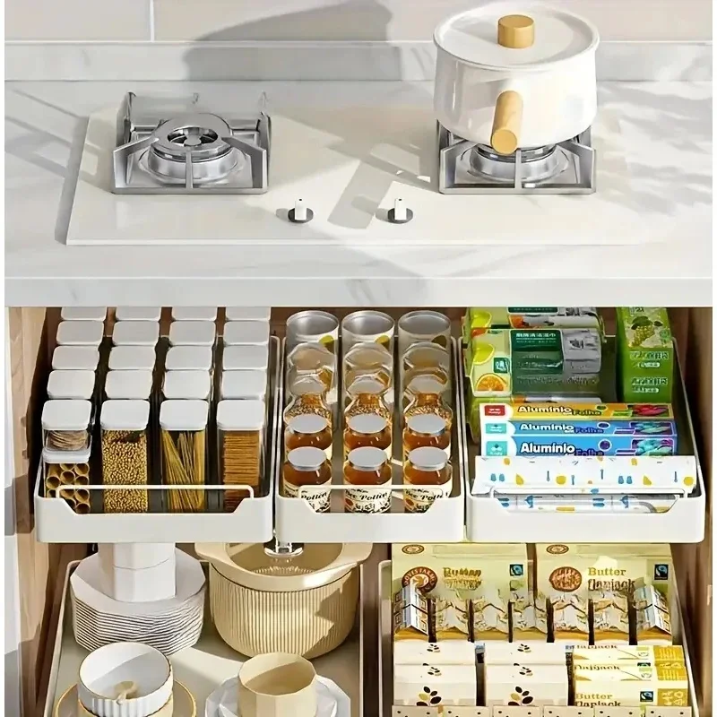 New Pull‑Out Kitchen Storage Tray with Sliding Rails, Drawer‑Type Spice Organizer Rack for Kitchen Cabinet Interior