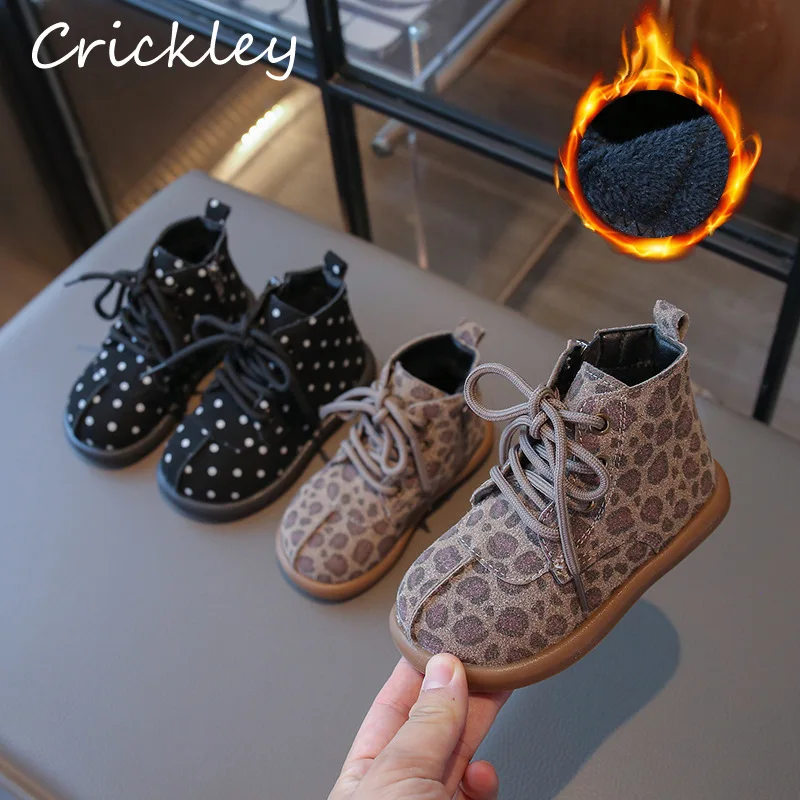 

Winter Leopard Dot Pattern Kids Fashion Boots PU Short Plush Warm Girls Boots Zip Soft Bottom Anti Slip Children Ankle Shoes