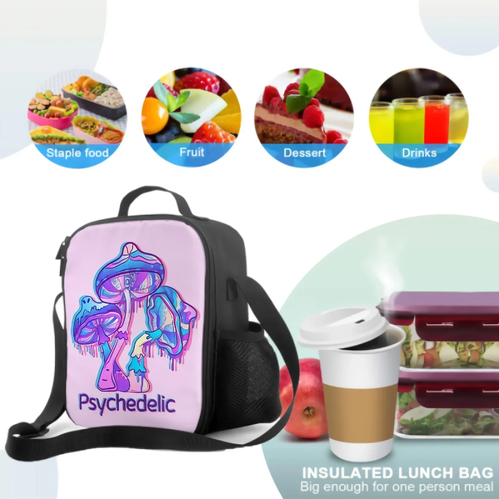 Psychedelic Mushrooms With Gradients And Uv Neon Light Effects Lunch Box Insulated Meal Bag Lunch Bag Food Container for Travel