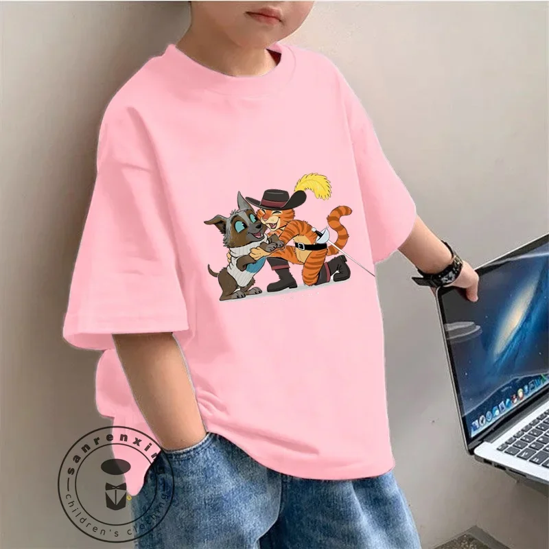 

Heroic Adventure Awaits Puss in Boots Animated Cartoon T-shirt for Kids Pupil Cool Summer Look with Comfortable Soft Fabric