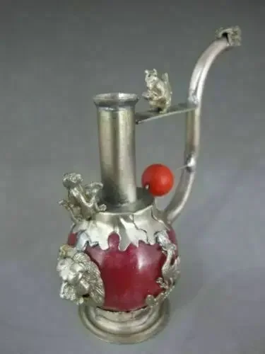 Old Handwork Red Jade inlay Pipe Tibet Silver Dragon Smoking Pipe Collectible