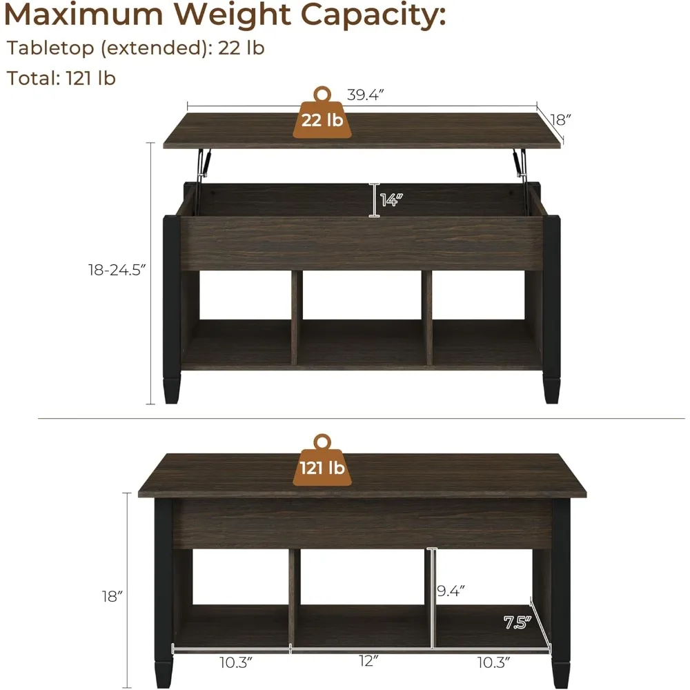 Retro 41-inch Lift Top Coffee Table with Storage and Hidden Compartment, Vintage-Style Coffee Center Table with Lift Mechanism