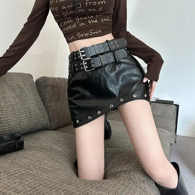 2024 Autumn/Winter  Design Sweet Cool Spicy Girl Style Versatile Short Half Skirt Savvy  leather skirt  korean style