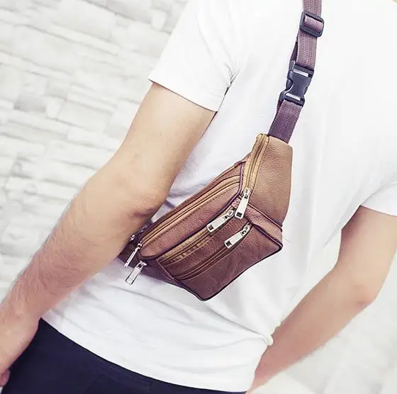 Men Leather Waist Bag Multi-Pocket And Multiple Zipper Belt Bag Adjustable Belt Fanny Pack Shopping Phone Bags