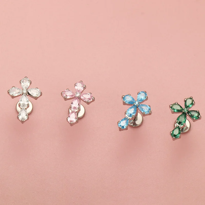 F136 TItanium Hip Hop Cross Piercing Internal Thread Lab Luxury Cubic Zirconia Earring Punk Gothic Flat Helix Lobe Piercing Lip