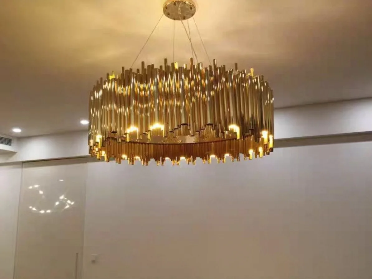 

Living room chandelier Villa duplex modern simple stainless steel creative chandelier interior lighting LED lights gold