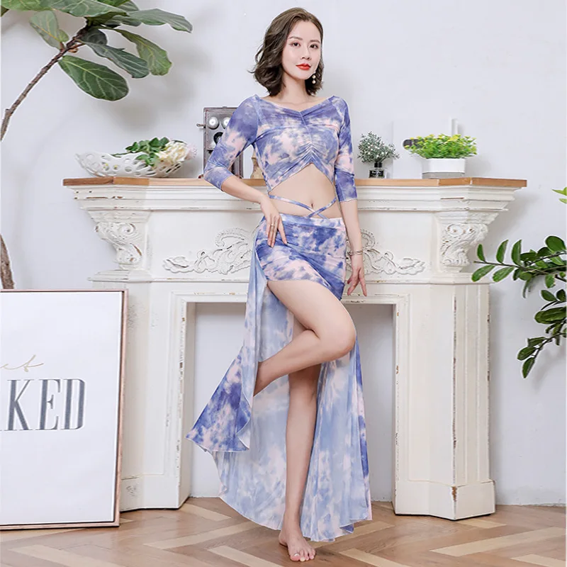 カスタマイズされたベリーダンス衣装 花柄セクシーメッシュ 女性練習用衣装セット オリエンタルダンスドレス