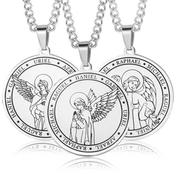 7 Archangel Gabriel Raphael Magic Circle Round Pendants Necklace Angle Wings Amulet Stainless Steel Pendants Jewelry Accessories