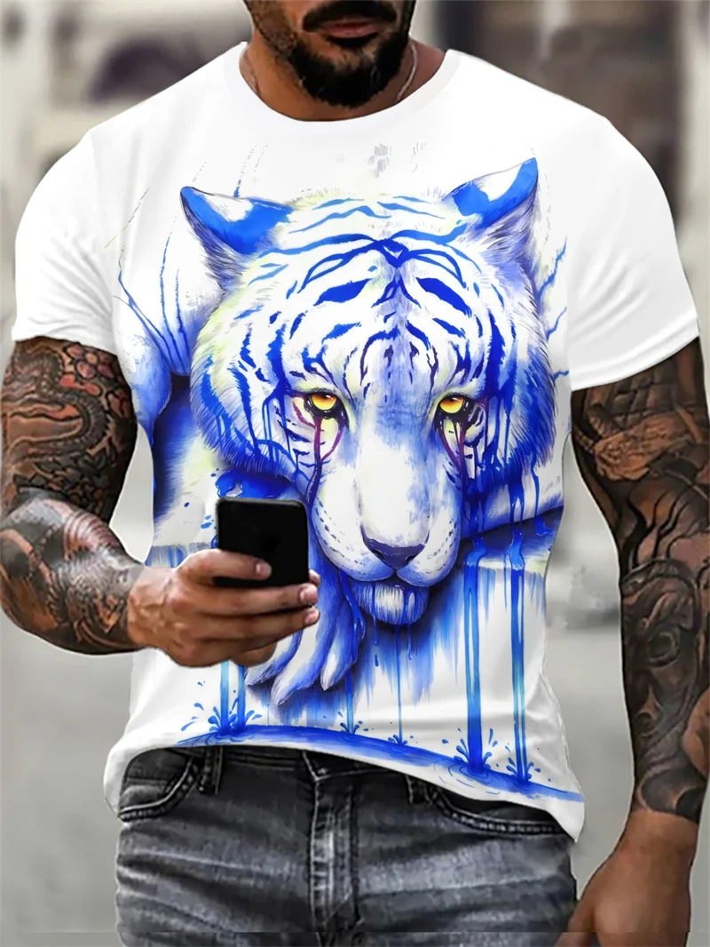 Tie-dye Tiger Graphic Men's Fashion T-Shirts Summer Short Sleeve Animal 3D Gradient Printed Street Tee 6XL Plus Size Casual Tops