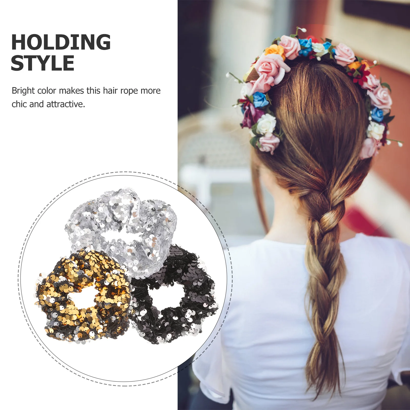 

3pcs Hair Ties Women Hair Scrunchies Sequins Hair Scrunchies Elastic Ponytail Holders for Teen
