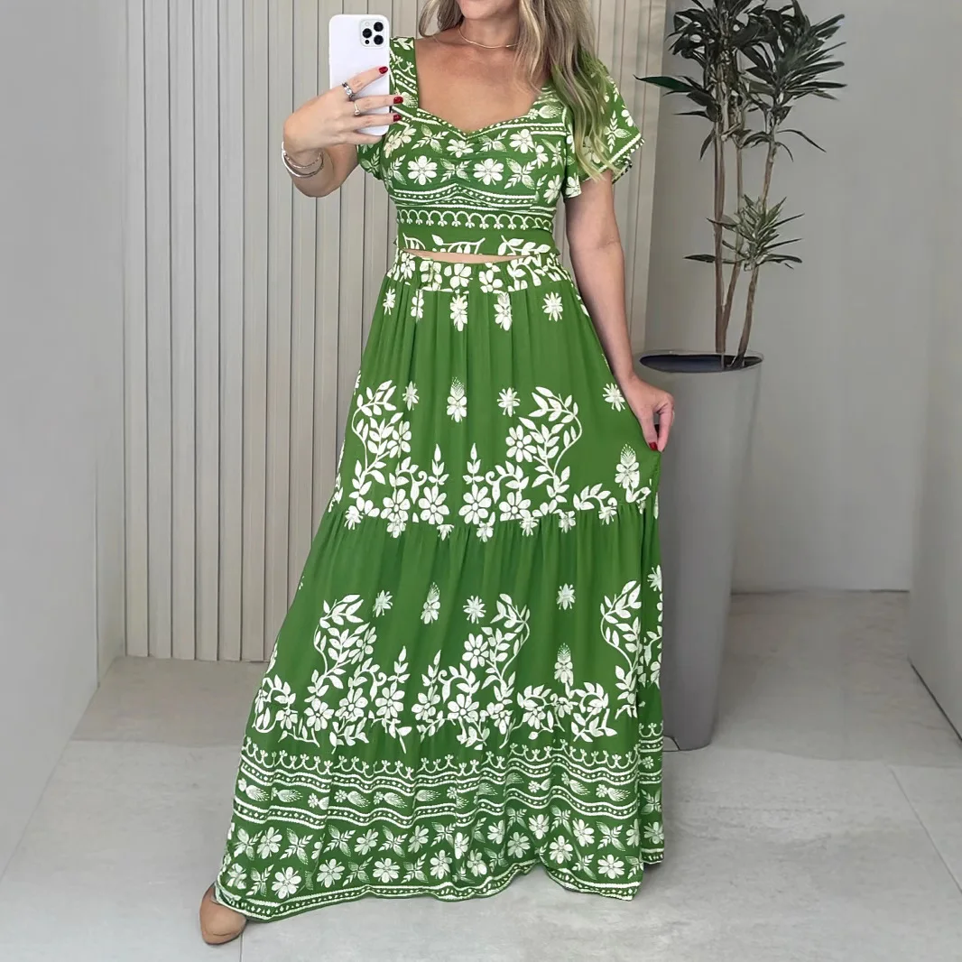 

European New Fashion Women's Green Printed Holiday Casual Trendy 2 Piece Sets Short Sleeve V-neck T-shirts Ankle Length Skirts
