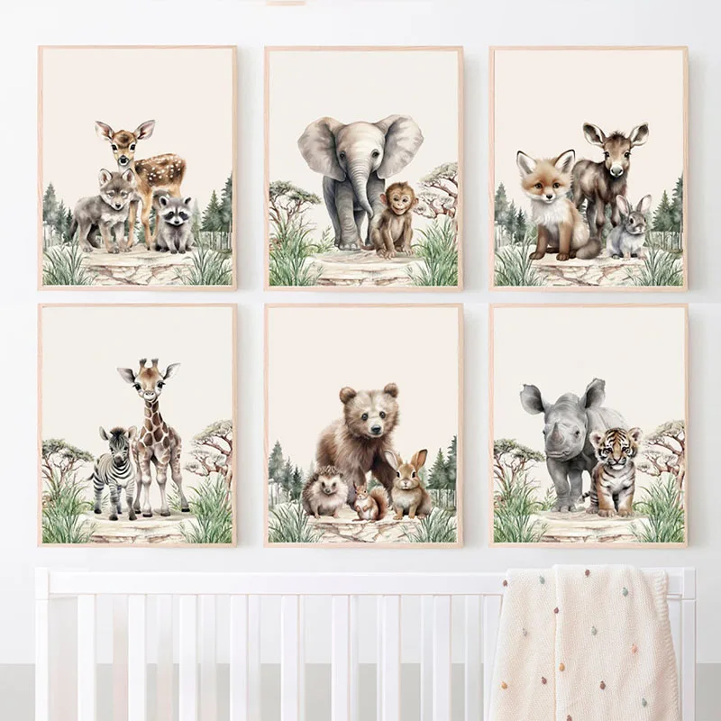 Elefant, Giraffe, Bär, Fuchs, Hirsch – Dschungeltiere, rahmenlose Leinwand für die Wanddekoration im Baby- und Kinderzimmer