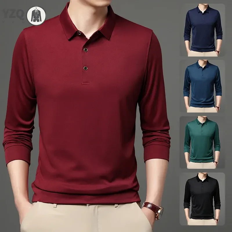 Men's Business Casual Long Sleeved Solid Color Polo Shirt Wrinkle Resistant Wrinkle Free Comfortable All Season Versatile Top