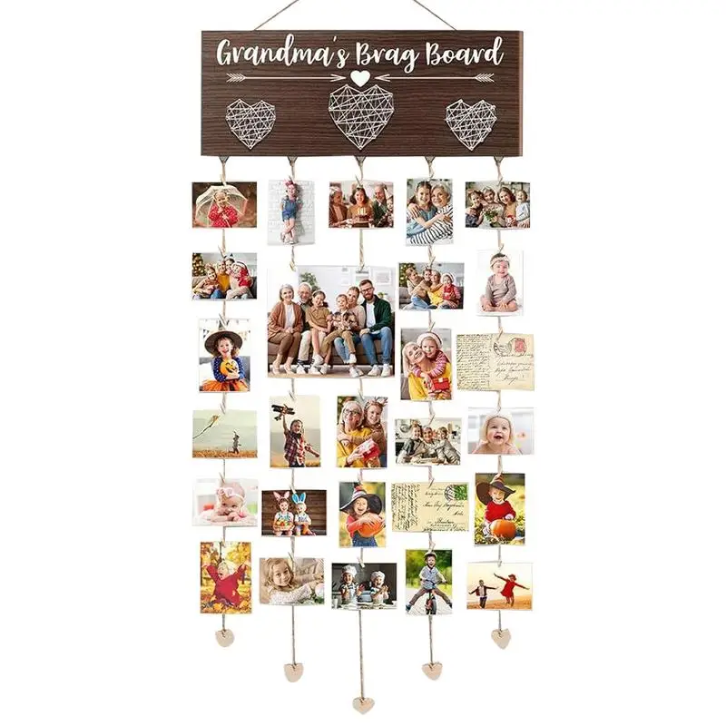 Photo Board Holder Wooden Grandma Picture Frame Grandkids Wall Decor Grandkids Photo Ornament Photo Display Board With 30 Clips