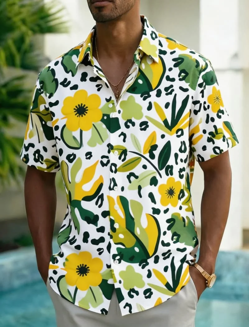 

Men's Tropical Plant Leopard Print Shirt, Exotic Hawaiian Casual Design for Summer Vacation, Daily Wear & Street Style
