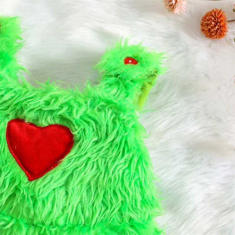 남아 여아 크리스마스 롬퍼, 하트 자수 모피 서스펜더 바지, 어린이 점프수트, 따뜻한 작업복, 크리스마스 옷, 겨울