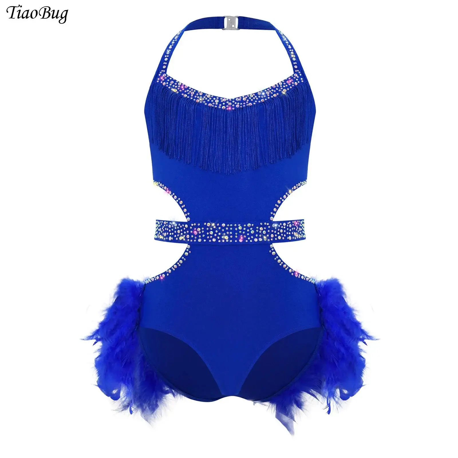 

Kids Girls Ballet Leotard Latin Jazz Dancewear Halter Sleeveless Cutout Back Rhinestones Bodice Feather Skirted Bodysuit Unitard