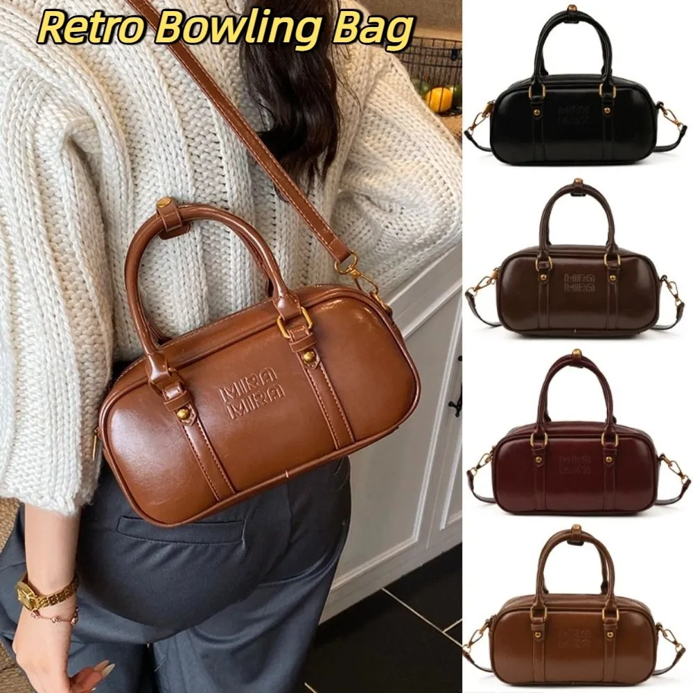 

Ins PU Leather Bowling Bag Handbag Solid Color Square Shoulder Bag Korean Style Large Capacity PU Boston Bag Girls/Female
