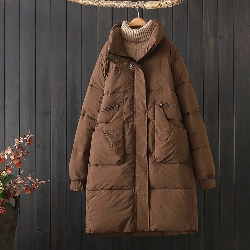 Prendas de vestir de otoño e invierno, abrigo grueso de plumón de pato blanco, Chaqueta larga de plumón para mujer, abrigo cálido informal con cuello levantado de talla grande 2026