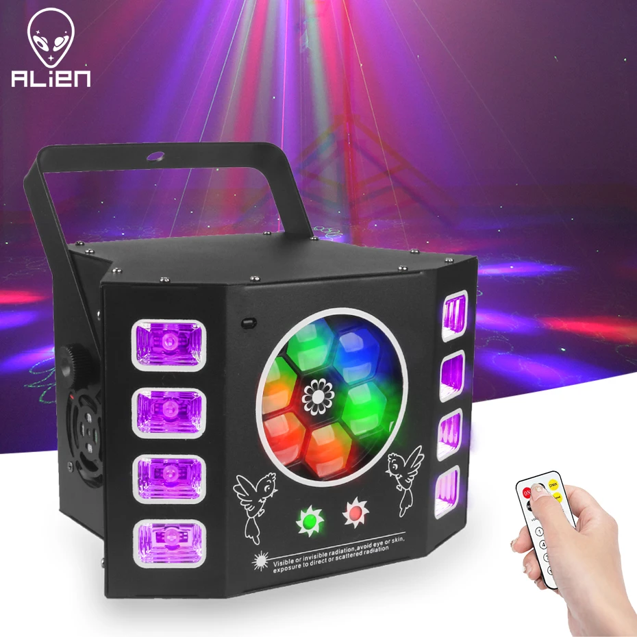 

ALIEN DJ Disco LED 4IN1 Stage Laser Light Effect Bee Eye UV Black Light Strobe Party Wedding Holiday Event Sound Activated Lamp