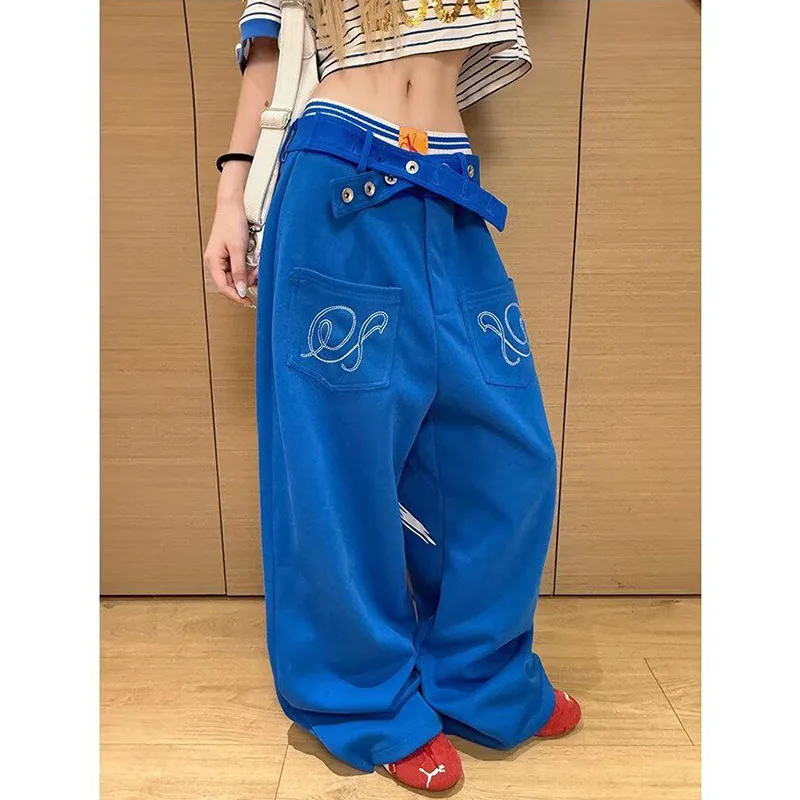 Unisex Blue Angel Wings Print Sweatpants Chic Design Buckle‑Back Female Hip‑Hop Loose Fit Wide‑leg Trendy Casual Trousers