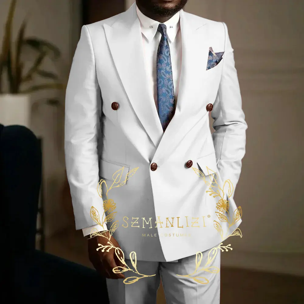 Casual Pink Men's Suits Double Breasted Peaked Lapel Blazer Fashion Formal Wedding Party Suit 2 Piece Jacket Pants Costume Homme