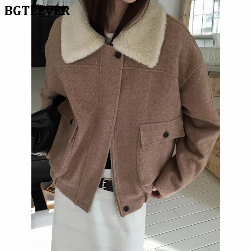 

BGTEEVER винтажные утепленные женские шерстяные куртки, осенне-зимние повседневные пальто с лацканами и длинными рукавами и карманами, женские пальто на молнии