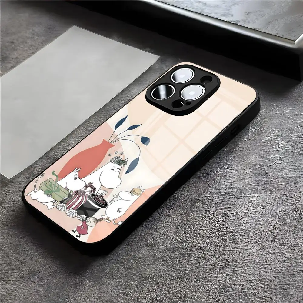 Niedliche M-MoominS Handyhülle für iPhone 17 Air 16 E Pro Max 15 14 13 Mini 12 Pro 11 Max Plus Schwarze Glasabdeckung