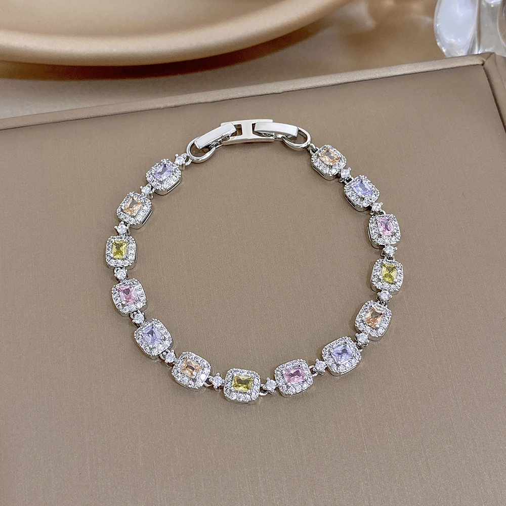 AENSOA Luxury Multicolor Zircon Tennis Chain Toggle Bracelet Set for Women Gold Plated Copper Stackable Jewelry Gift Daily Wear