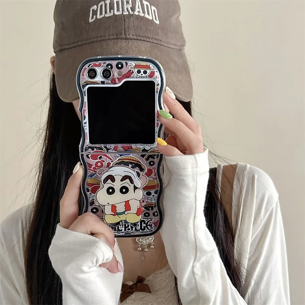 Cartoon S-Shin-chans With Stand Phone Case for Samsung Galaxy Z Flip 3 4 5 Z Flip 6 5G PC Hard Anti-fall Back Cover Anti-fall