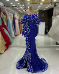 High Fashion Royal Blue Off the Shoulder Mermaid Evening Dresses Sparkle Leaf Designs Sexy Long Party Gowns with Deep Slit