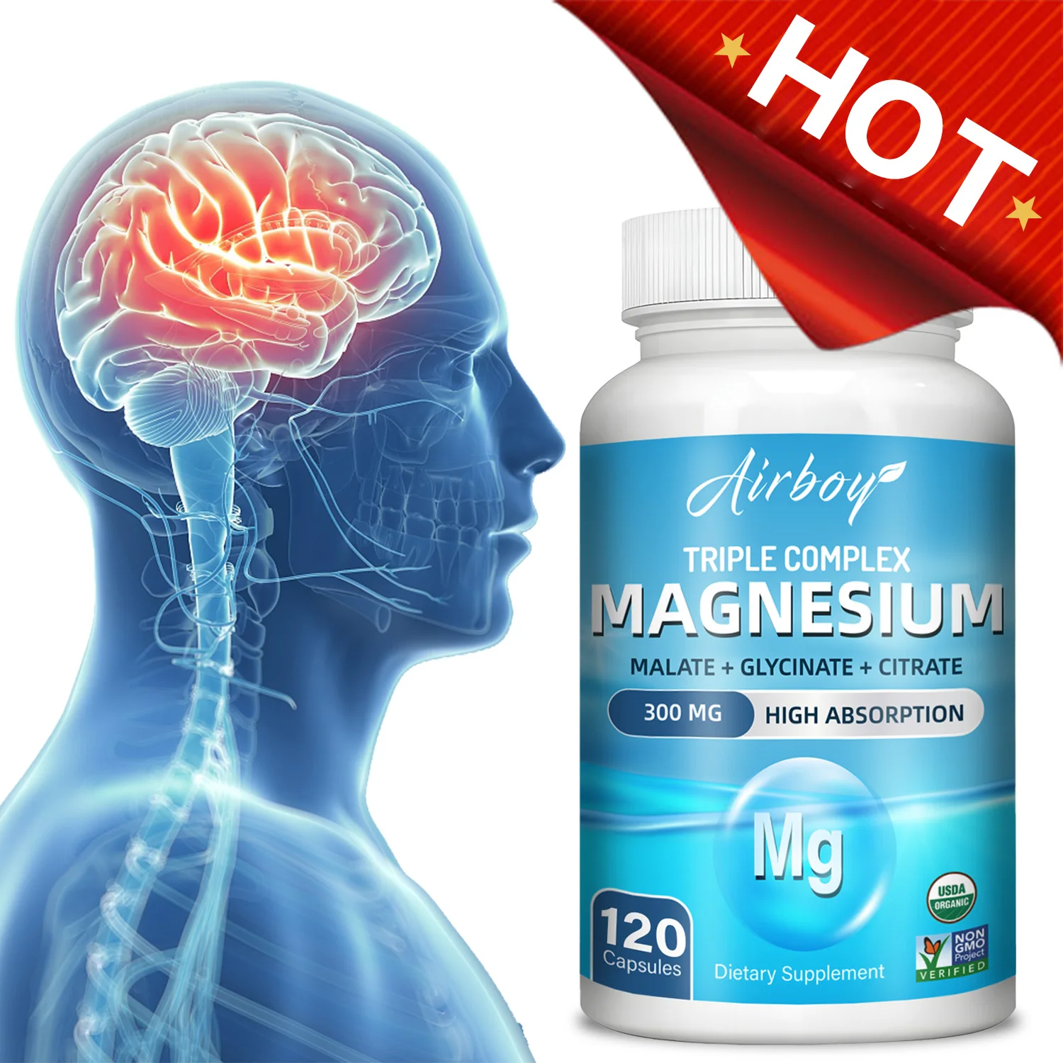 Complejo triple de magnesio: suplemento para la salud de huesos, músculos y corazones, apoyo para el sueño, alivio del estrés, relajación muscular - 120 cápsulas