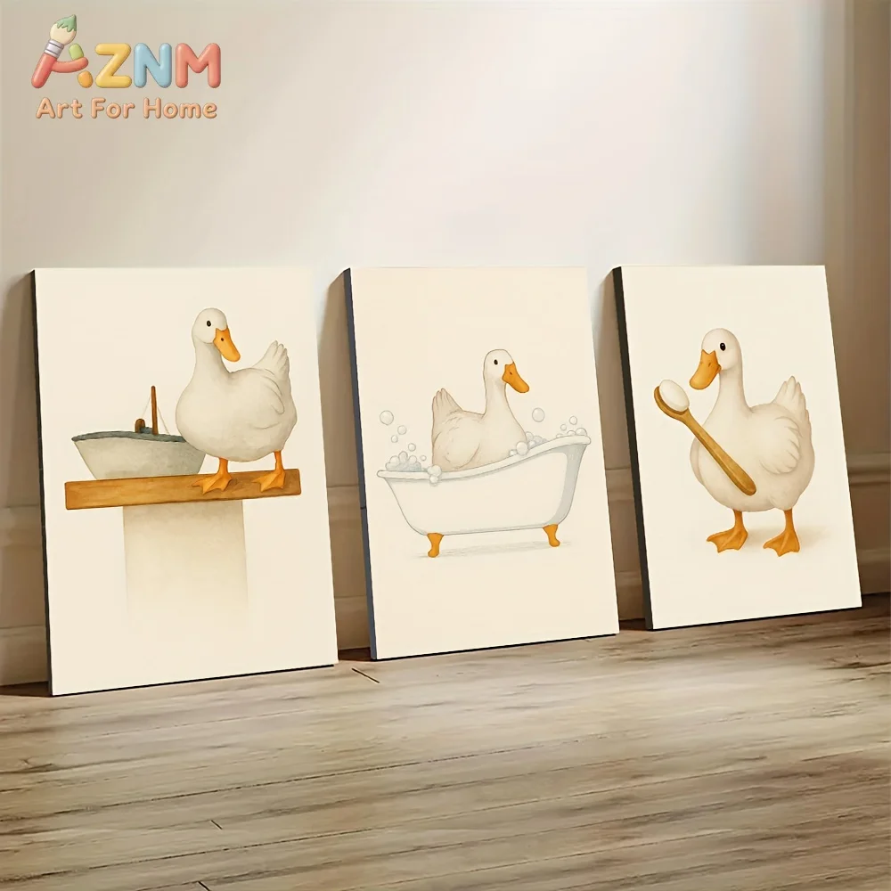 AZNM Cute White Duck Canvas Wall Art Bathtub Bath Theme Cartoon Animal Frameless Canvas Painting Bathroom Kids Room Home Decor P