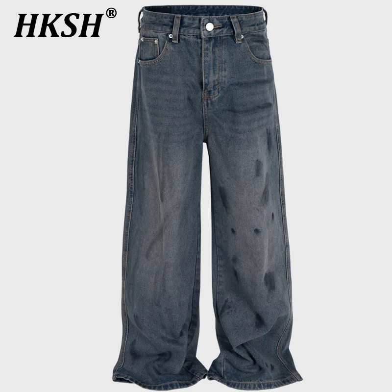 

HKSH Spring Summer New Unisex Tide Ink Splash Elegant Fashion Wide Leg Jeans Original Design Chic Vintage Denim Pants Ins HK5575