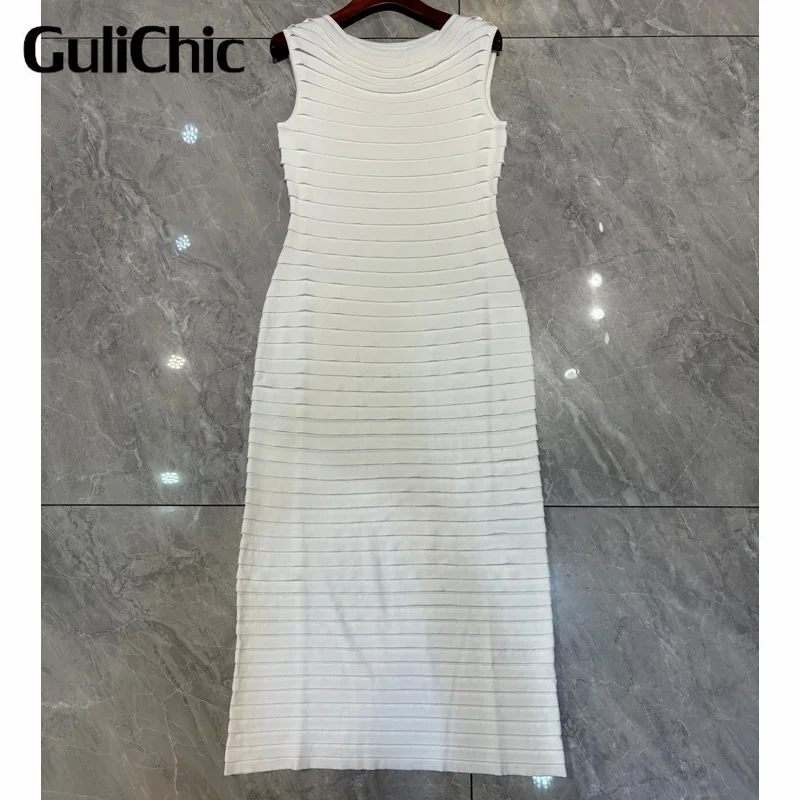 3.19 GuliChic Women High Quality Elegant Sheath Strecth Knit Dress Stripe Column Desgin Round Neck Slim Sleeveless Dress Ladies