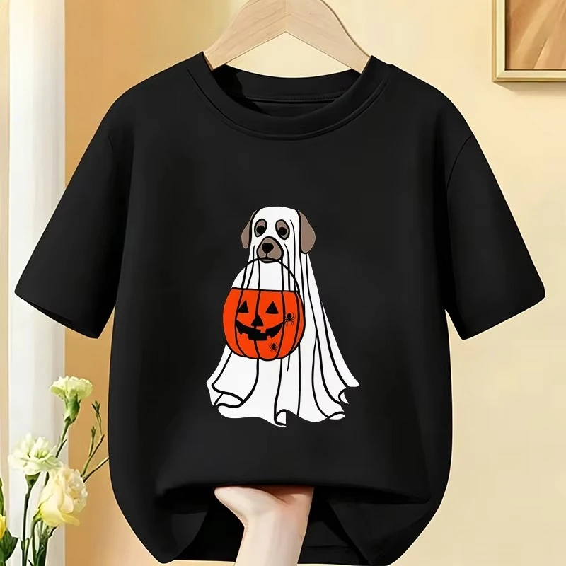 Kids Halloween T‑Shirt Lovely Dog Dressed As Ghost Pumpkin Treat Bucket Print Short Sleeve O‑Neck Cotton Tops