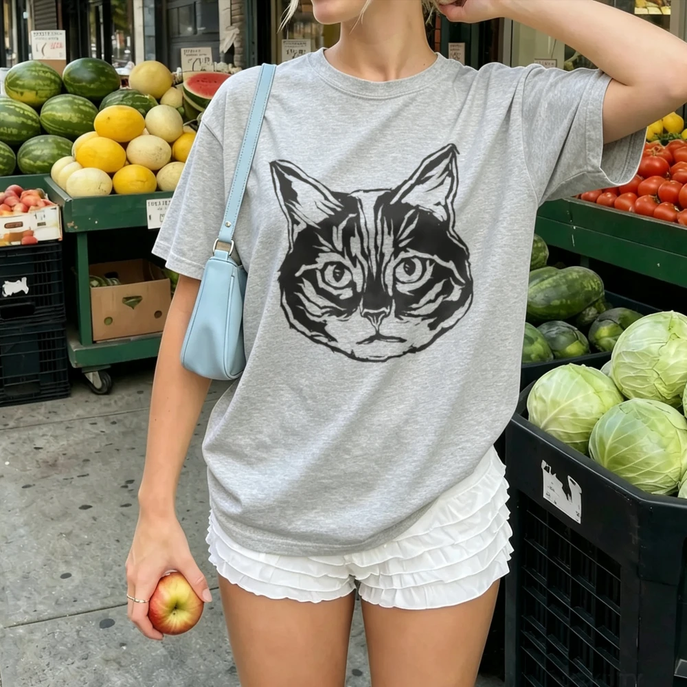 Japanese Line Drawing Cat Graphic T Shirt Women Minimalist Cartoon Print T-shirt Casual Cotton Aesthetic Daily Fashion Tee Tops
