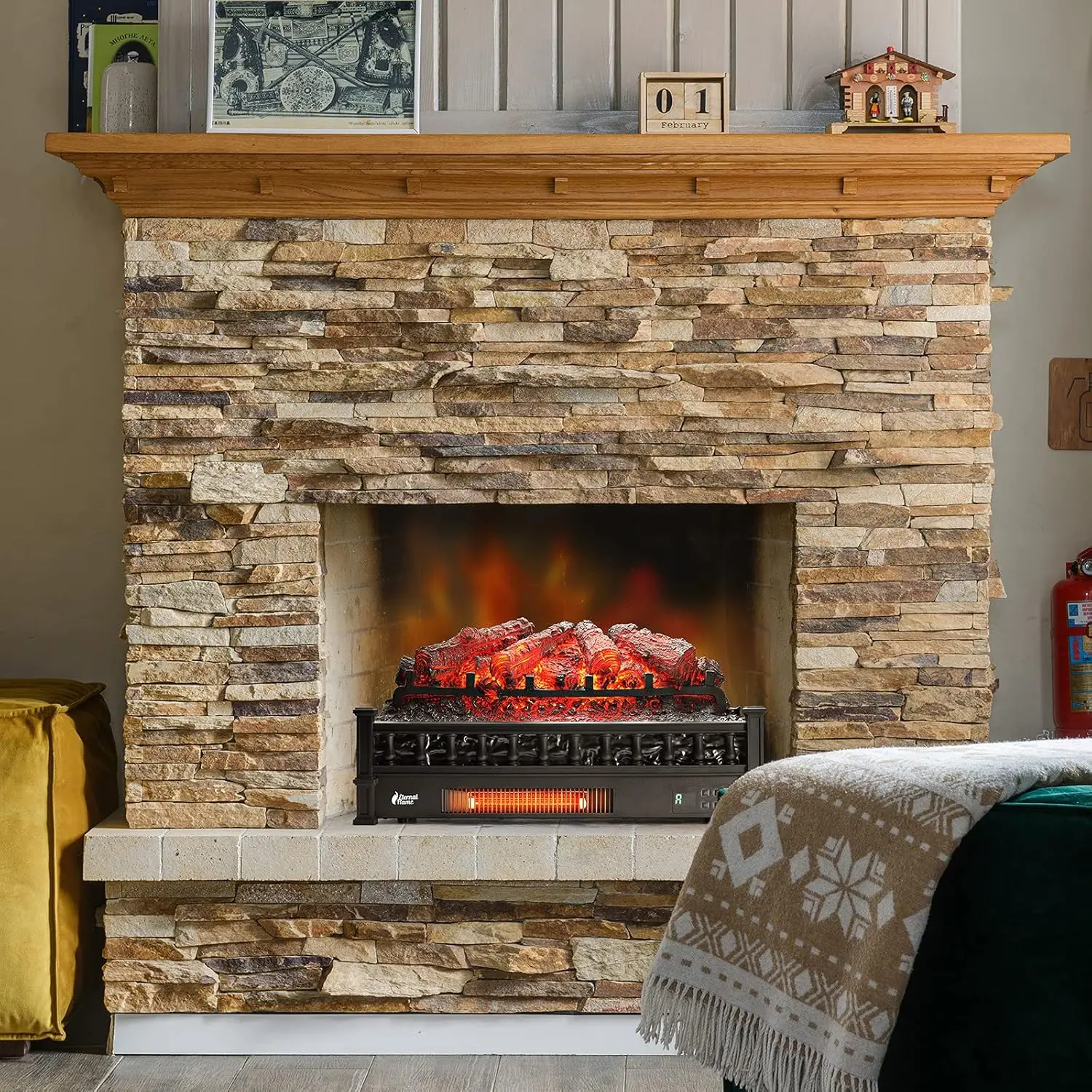 26-Inch Infrared Quartz Electric Fireplace Log Heater, Realistic Pinewood Logs, Adjustable Flame Colors, Remote Control