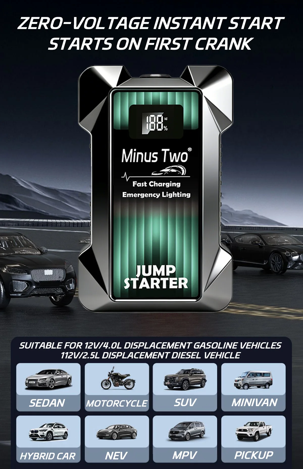 Car Jump Starter 3000A Peak 12V Portable Lithium Battery Booster Pack 1200A Jump Box Power Bank USB LED for Truck SUV Diesel