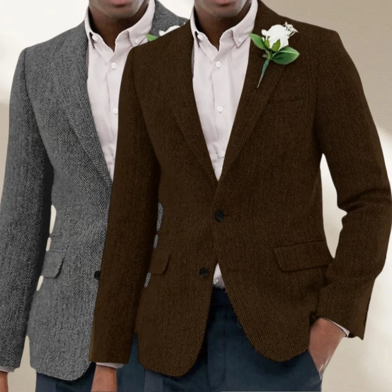 

Herringbone Tweed Men's Suit Jacket Heavyweight Wool Blend Single-Breasted Lapel Formal Jacket Bestseller Men's Wedding Attire