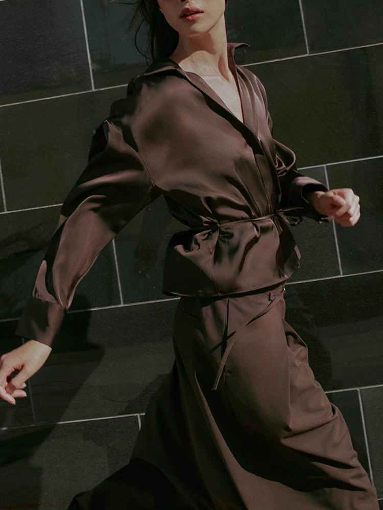 Faion Long Sve irt – Texture Satin de soie, col rabattu avec ceinture, vêtements pour femmes, Costume de scène ethnique, nouvelle collection hiver 2025