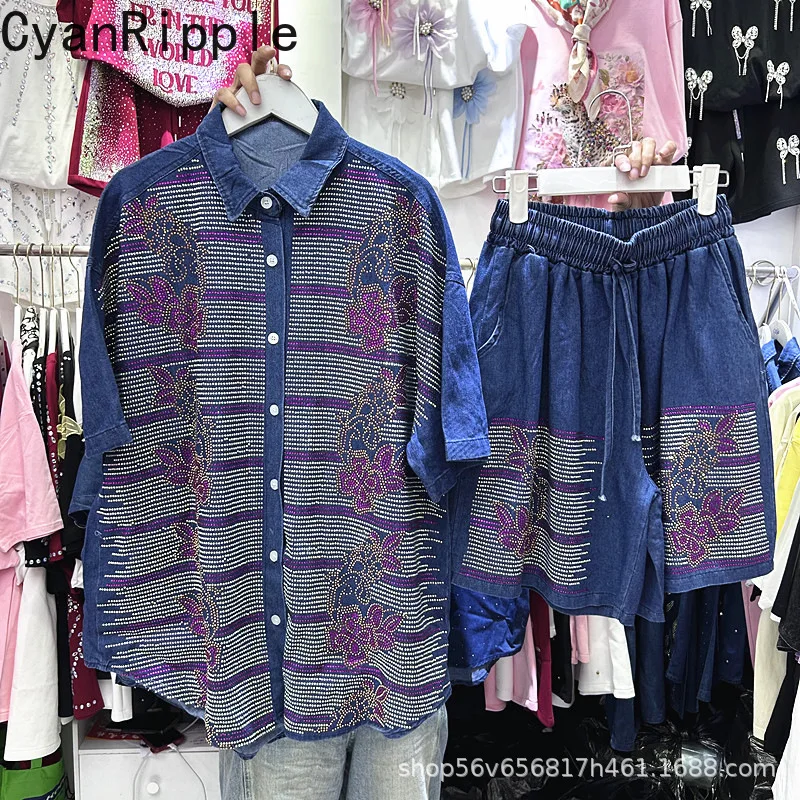 

Trendy Spring Summer Women Denim Sets Diamonds Flowers Loose Short Sleeve Cardigans Shirt + Elastic Waist Casual Wide Leg Shorts