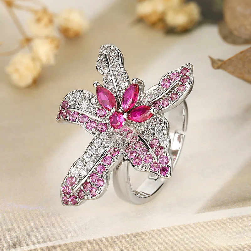 

Elegant Floral Red Crystal Open Ring for Women Adjustable Blooming Flower Band Vintage Inspired Statement Fashion Jewelry Gift